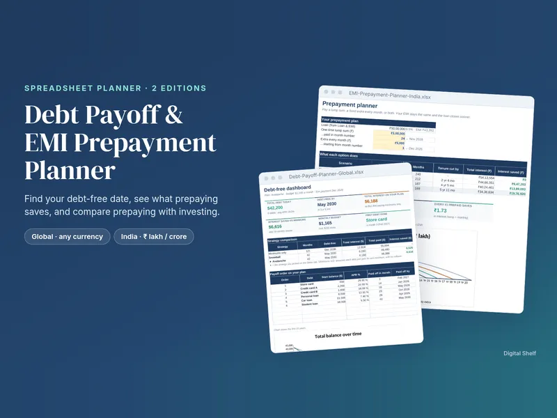 Debt Payoff and EMI Prepayment Planner bundle cover showing spreadsheet screens