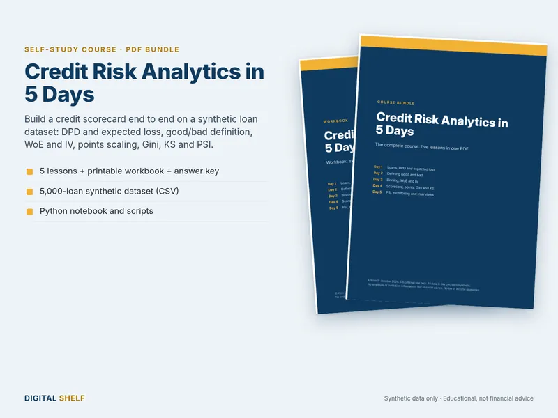 Cover of the Credit Risk Analytics in 5 Days course bundle: five lessons, workbook, dataset and Python notebook