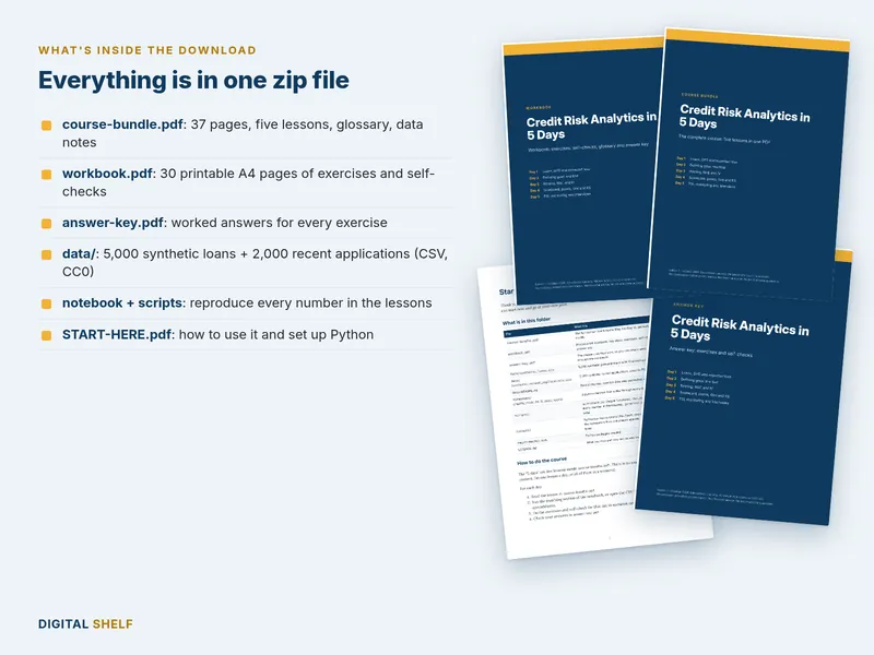 What is inside the course download: course PDF, workbook, answer key, synthetic dataset, notebook and scripts