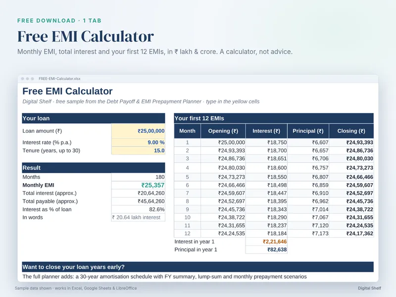 Free EMI Calculator spreadsheet with a first-year schedule
